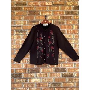 Crystal Kobe Vintage Black Floral Embroidered Button Cardigan GrandmaCore XL